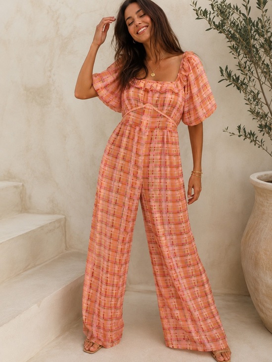 ASOS Pants - ASOS Peach Plaid Jumpsuit with Puff Sleeves